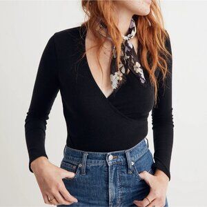 Madewell XS Black Faux Wrap Long Sleeve Bodysuit